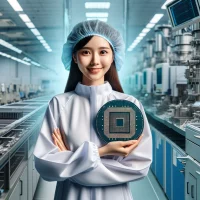 DALL·E 2024-05-06 13.46.11 - Wide image featuring a Vietnamese woman on the left half, in a modern chip fabrication facility. She is holding a chip wafer and smiling at the camera